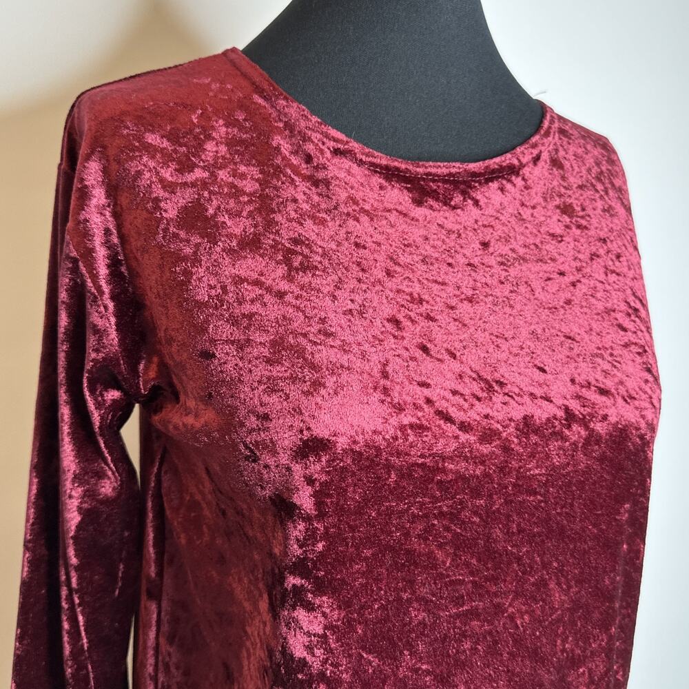 Vintage 90s Y2K Crushed Velvet Top M Burgundy Long Sleeve Fairy Grunge Goth - Picture 6 of 9